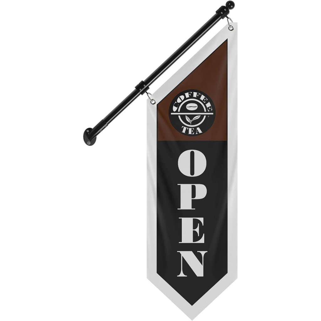Coffee Open Flag, Double - Sided Three - ply Hanging Open Sign with Pole and Mounting Kit(Black - B)
